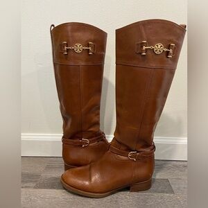 Tory Burch Nadine Tall Brown Leather Gold Accents Riding Boots Sz 8.5